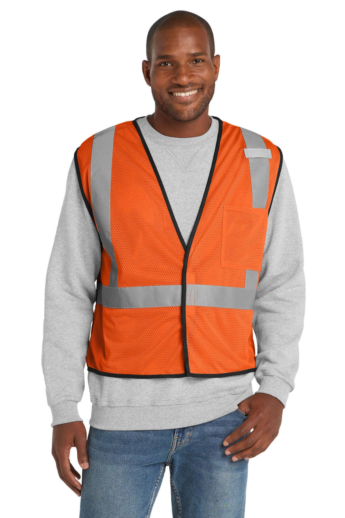 Safety orange work vest with reflective strips