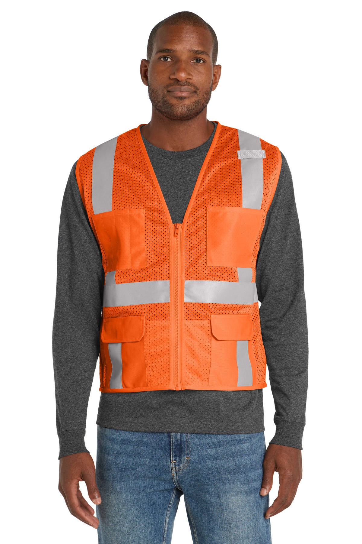 Safety orange reflective work vest front