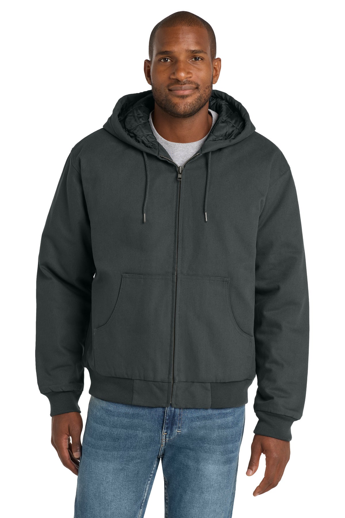 Charcoal hooded work jacket front
