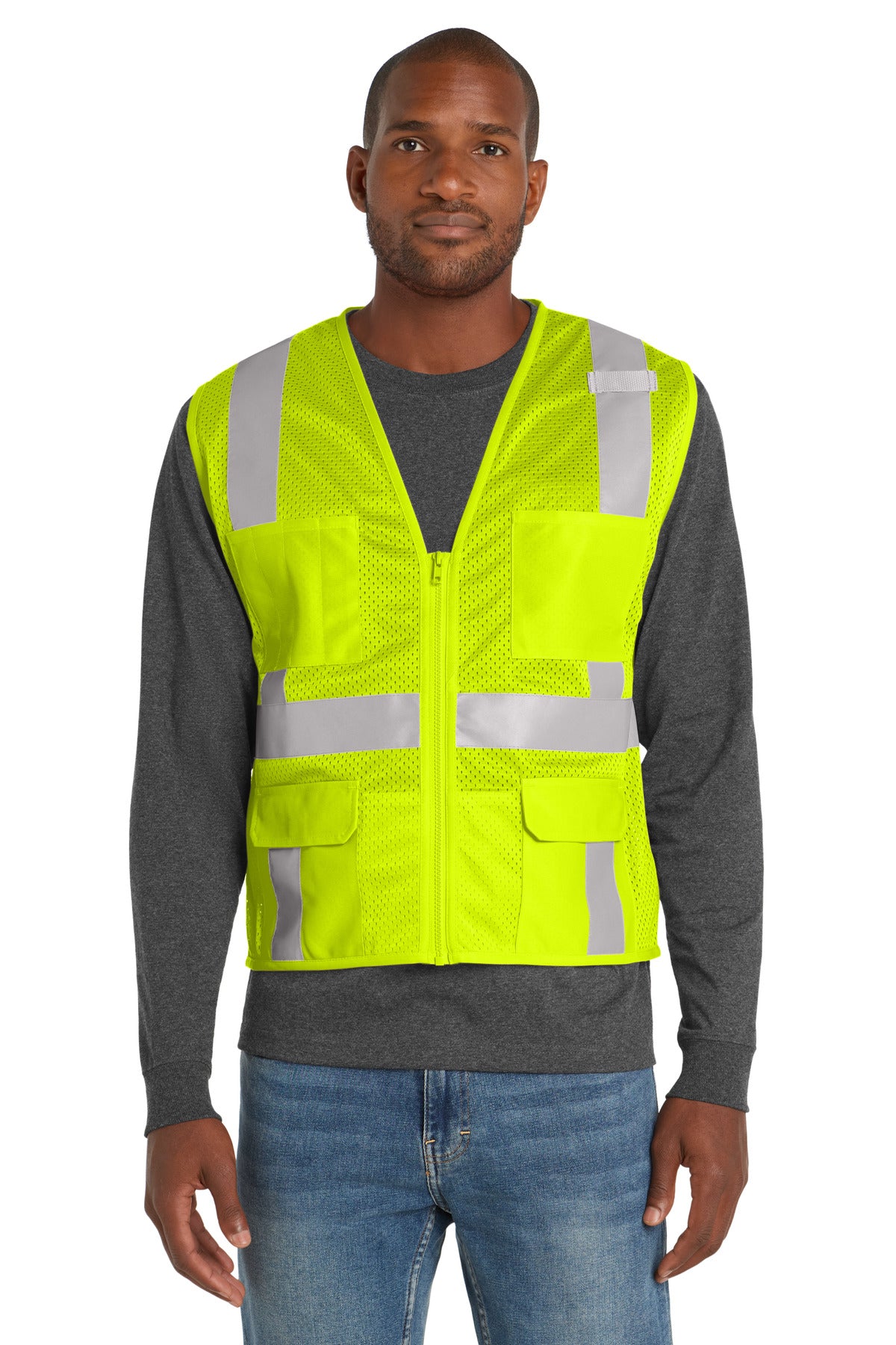 yellow reflective work vest front view
