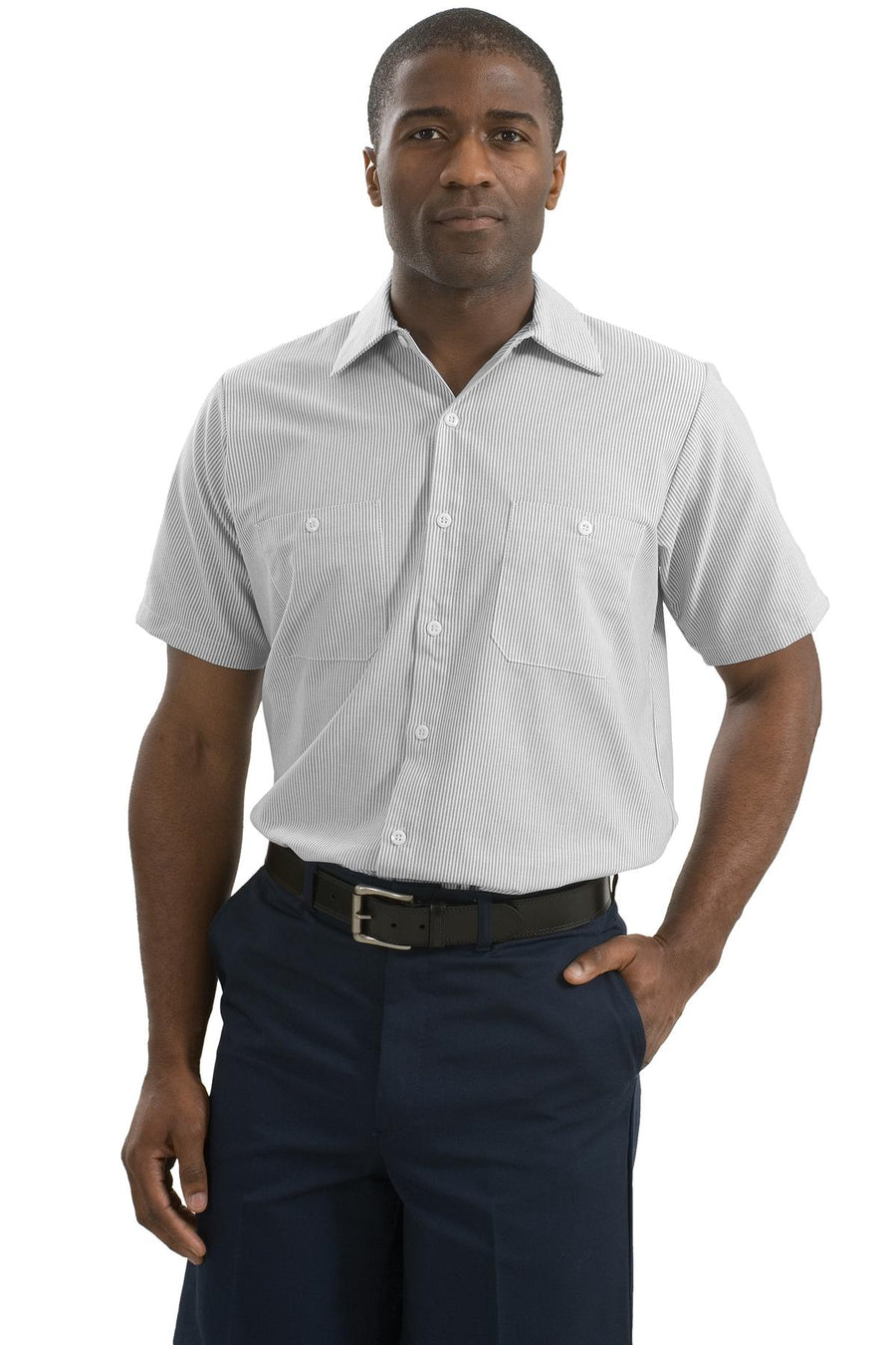 Red Kap Long Size Short Sleeve Striped Industrial Work Shirt.