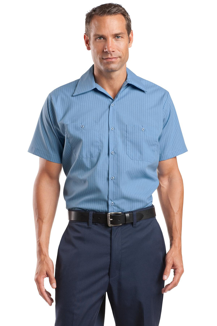 Red Kap Long Size Short Sleeve Striped Industrial Work Shirt.