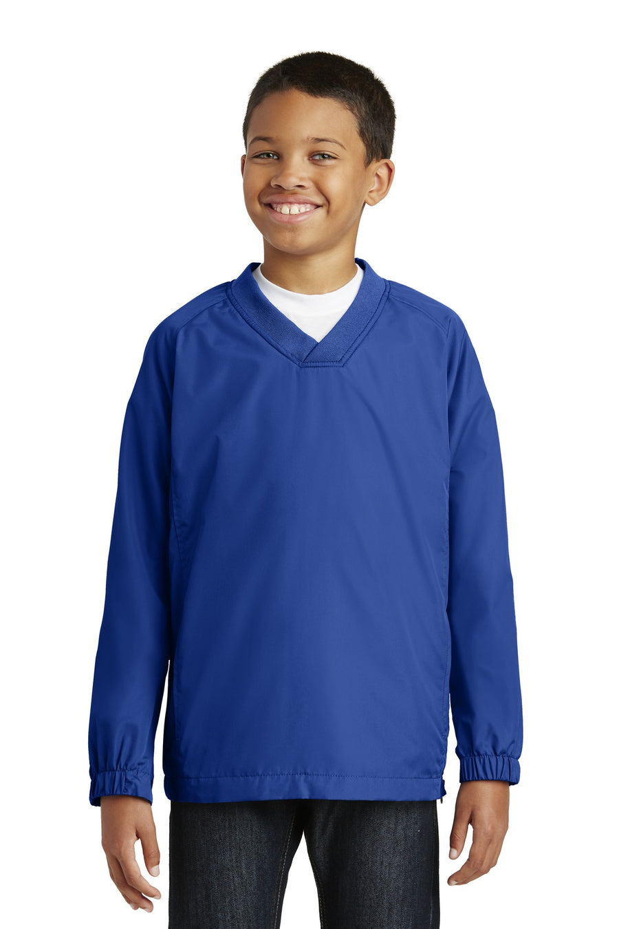 Sport-Tek Youth V-Neck Raglan Wind Shirt.